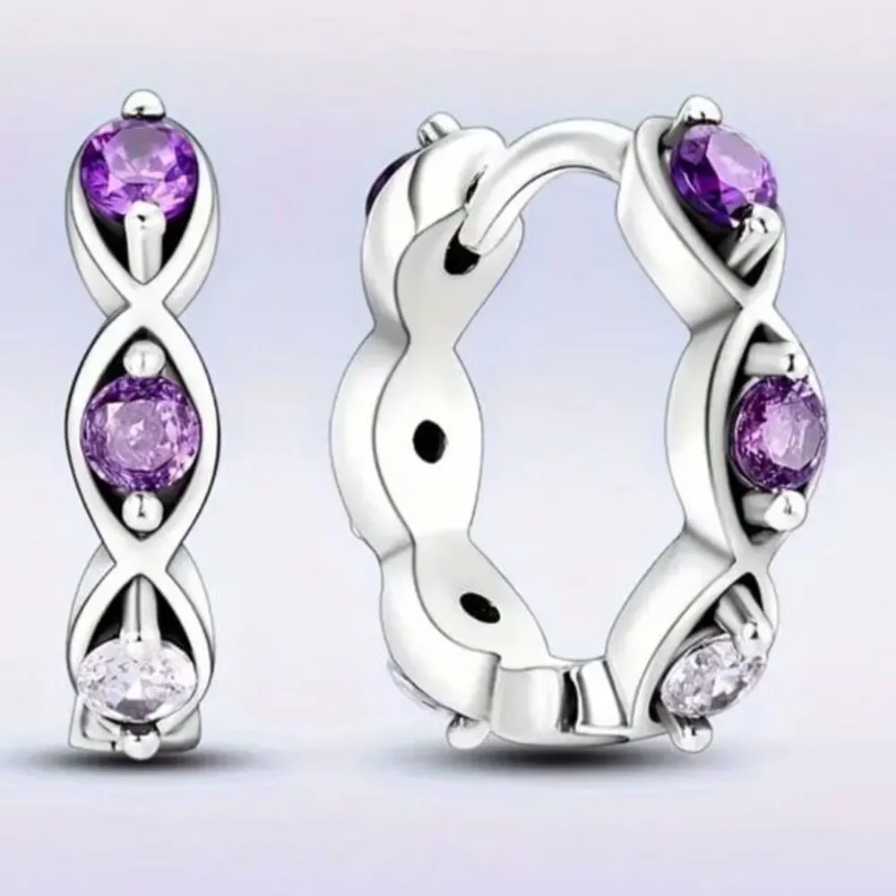 Earrings 925 Sterling Silver mini hoops with purple crystal design